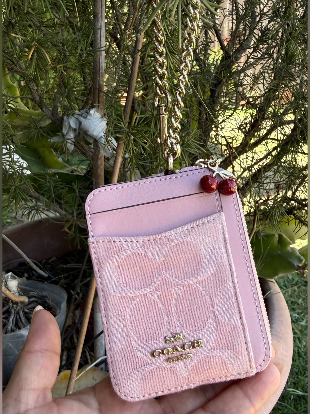 Coach Pink Signature Card Wallet with Gold Logo